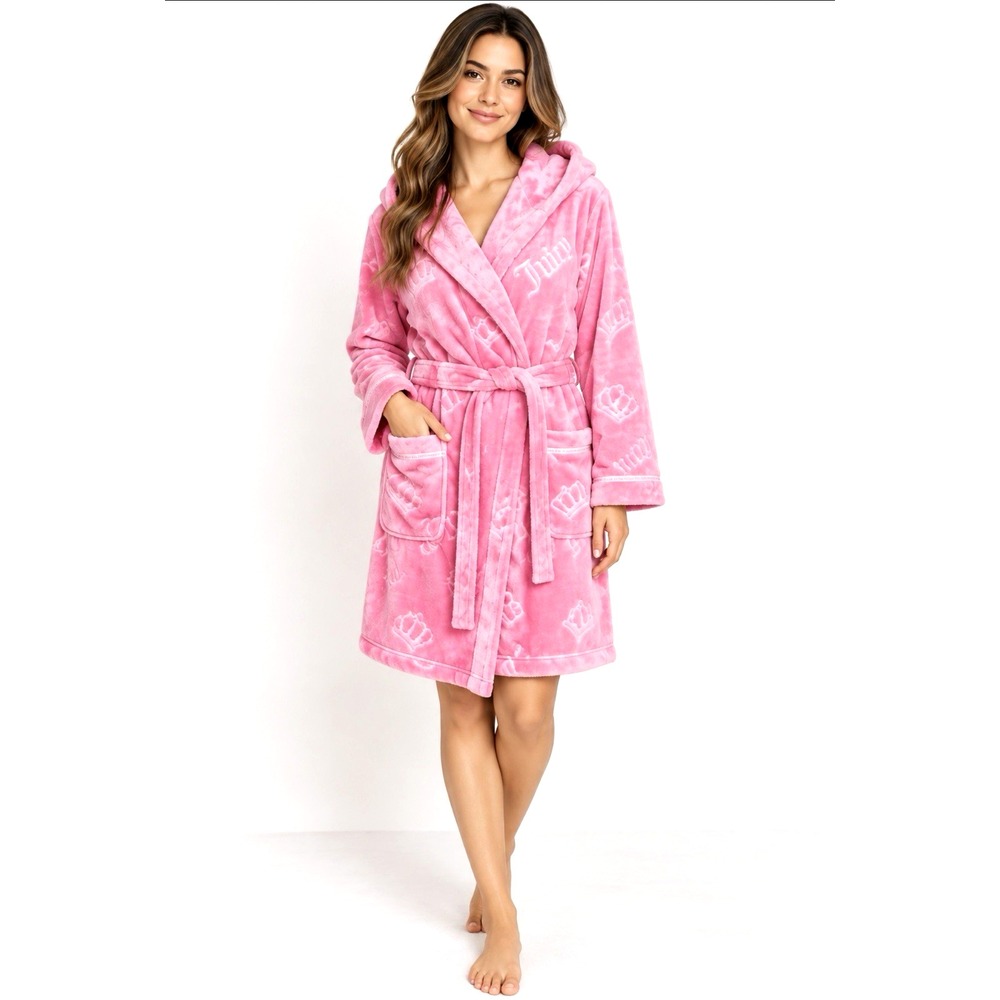 NEW! Juicy Couture Plush Hooded Luxe Robe Crown Logo Hot Pink COMFY LOUNGE L/XL